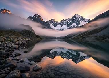 Rocky Mountains Reflection at Lake by Sunset