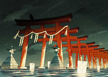 Japanese Torii Gates at Night