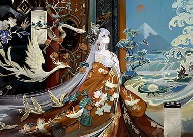 Anime Girl in Kimono with Landscape