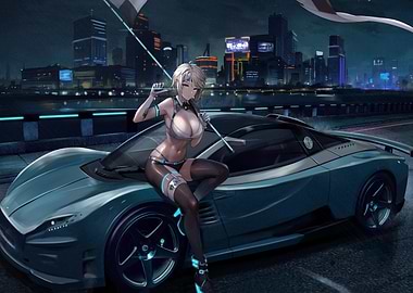 Anime Girl with Car in Cityscape