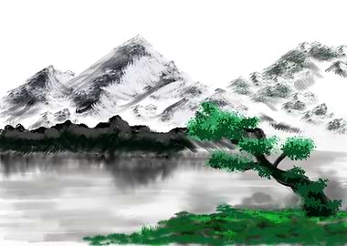 Mountain Landscape with Tree and Lake