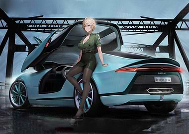 Anime Girl with Futuristic Blue Car