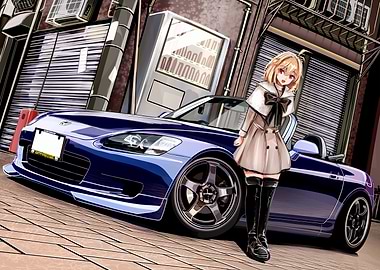 Anime Girl with Blue Sports Car