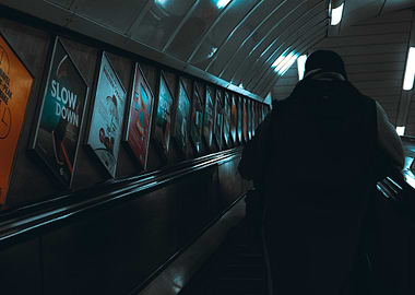 Subway Escalator with Posters and Person