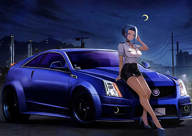 Anime Girl with Blue Car at Night
