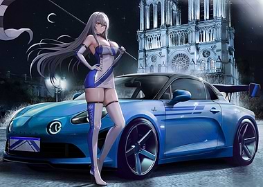 Anime Girl with Blue Sports Car