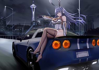Anime Girl on Blue Corvette at Night