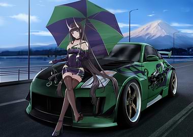 Anime Girl with Green Sports Car