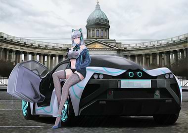 Anime Girl with Futuristic Car