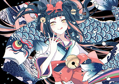 Anime Girl with Koi Fish Illustration