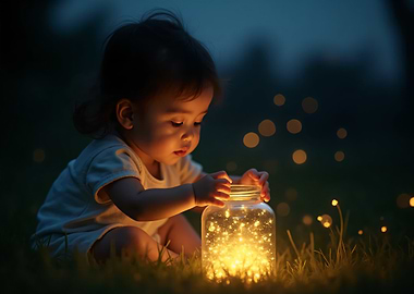 Child with Glowing Jar in Nature