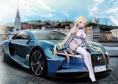 Anime Girl with Blue Sports Car
