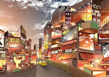 Anime Cityscape with Shops and Car