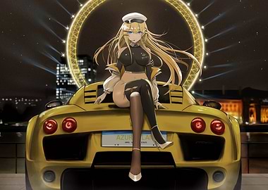 Anime girl sitting on yellow car