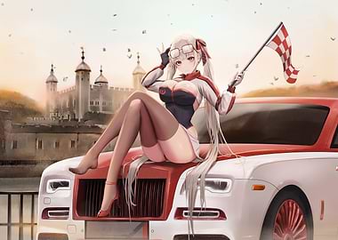 Anime Girl on Car with Checkered Flag