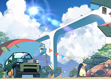 Anime Camping Scene with Green Car