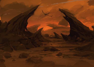 Fantasy Landscape with Dragons and Rocks