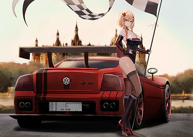 Anime Girl with Race Car and Flag