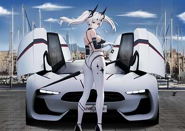 Anime Girl with White Car