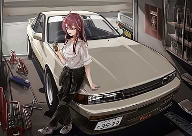Anime Girl with Car in Garage