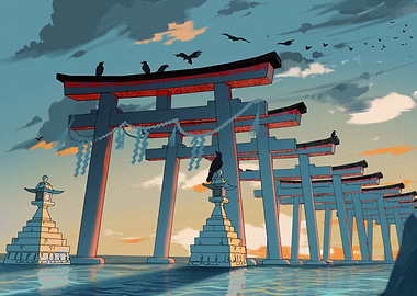 Torii Gates and Crows at Sunset