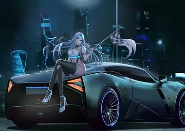 Anime Girl on Car with Checkered Flag