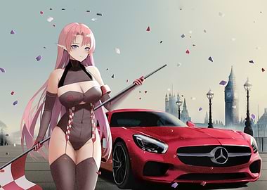 Anime Girl with Red Car in London