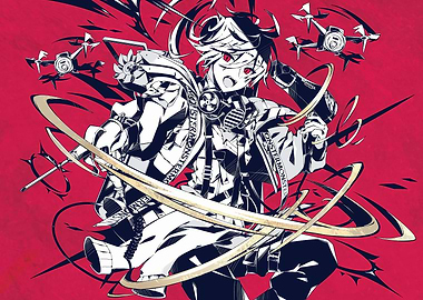 Anime Character with Drones on Red