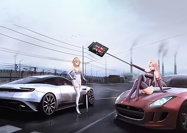 Anime Girls with Cars in Industrial Setting