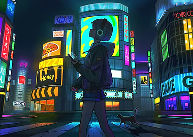 Neon Cityscape with Girl and Cat