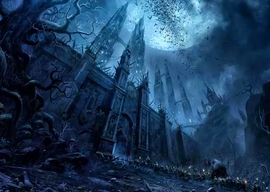 Dark Fantasy Castle with Bats and Army