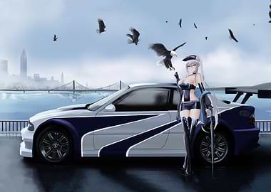 Anime Girl with Car and Eagles