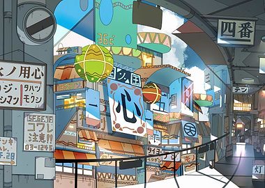 Anime-style Japanese Cityscape with Signs