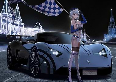 Anime Girl with Race Car and Flag