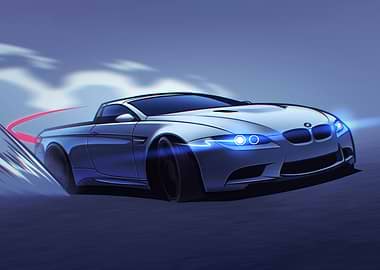 Silver BMW drifting on blue background