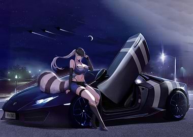 Anime Girl on Striped Lamborghini at Night