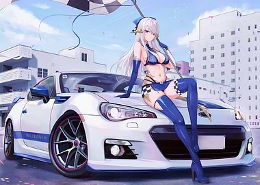 Anime Girl on Car with Checkered Flag
