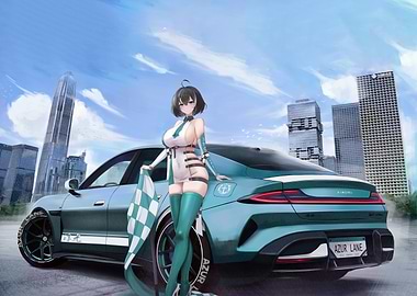 Anime Girl with Car and Flag
