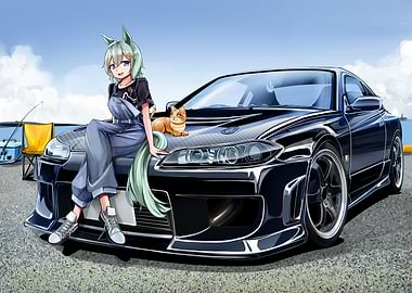 Anime Girl with Car and Cat