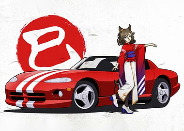 Anime Girl with Red Sports Car