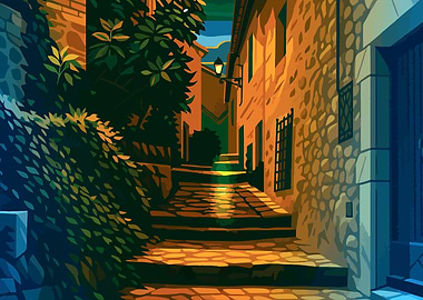 Tossa de Mar, Spain – Stylized Mediterranean Alleyway Art Print | Sepia Tones & Stone Architecture