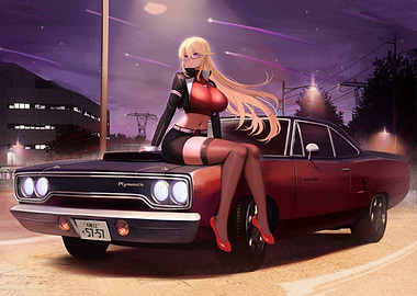 Blonde Woman on Classic Car at Night