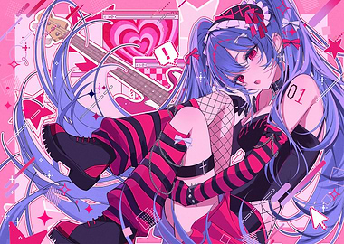 Anime Girl with Guitar and Pink Accents