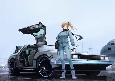 Anime Girl with DeLorean and Airplane