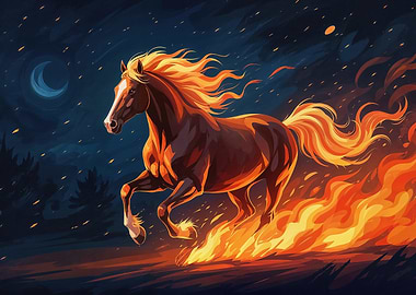 Fiery Horse Galloping at Night