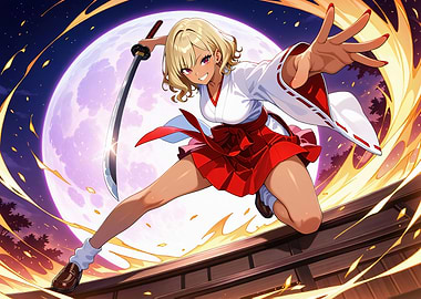 Anime Girl with Katana and Moon