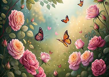 Roses and Butterflies in Garden