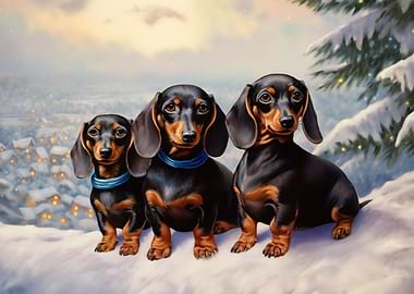Three Dachshunds in a Christmas Scene