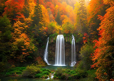 Autumn Waterfall in Forest Nature