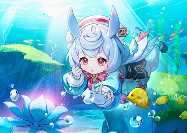 Girl Underwater with Fish